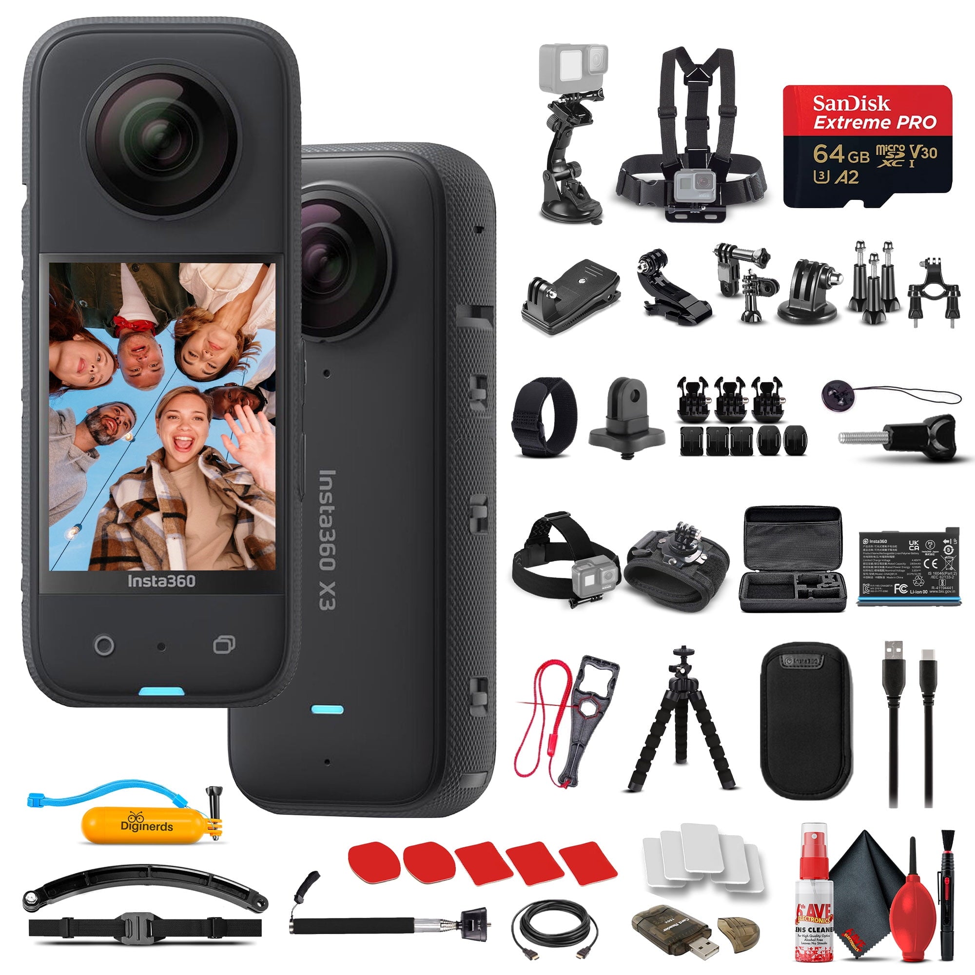 Insta360 X3 - Waterproof 360 Camera + 50-in-1 Accessory Kit + 64GB Card Bundle