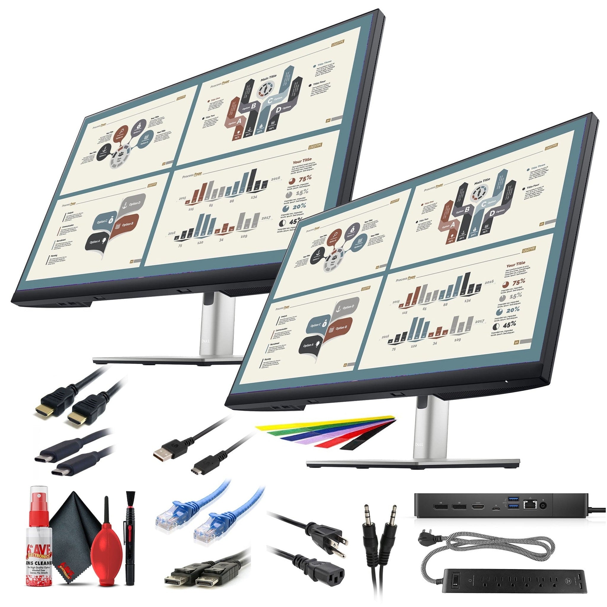 2 x Dell P2723QE 27" 4K UHD USB Type-C Hub Monitor + Dell WD19S Dock + More Dell