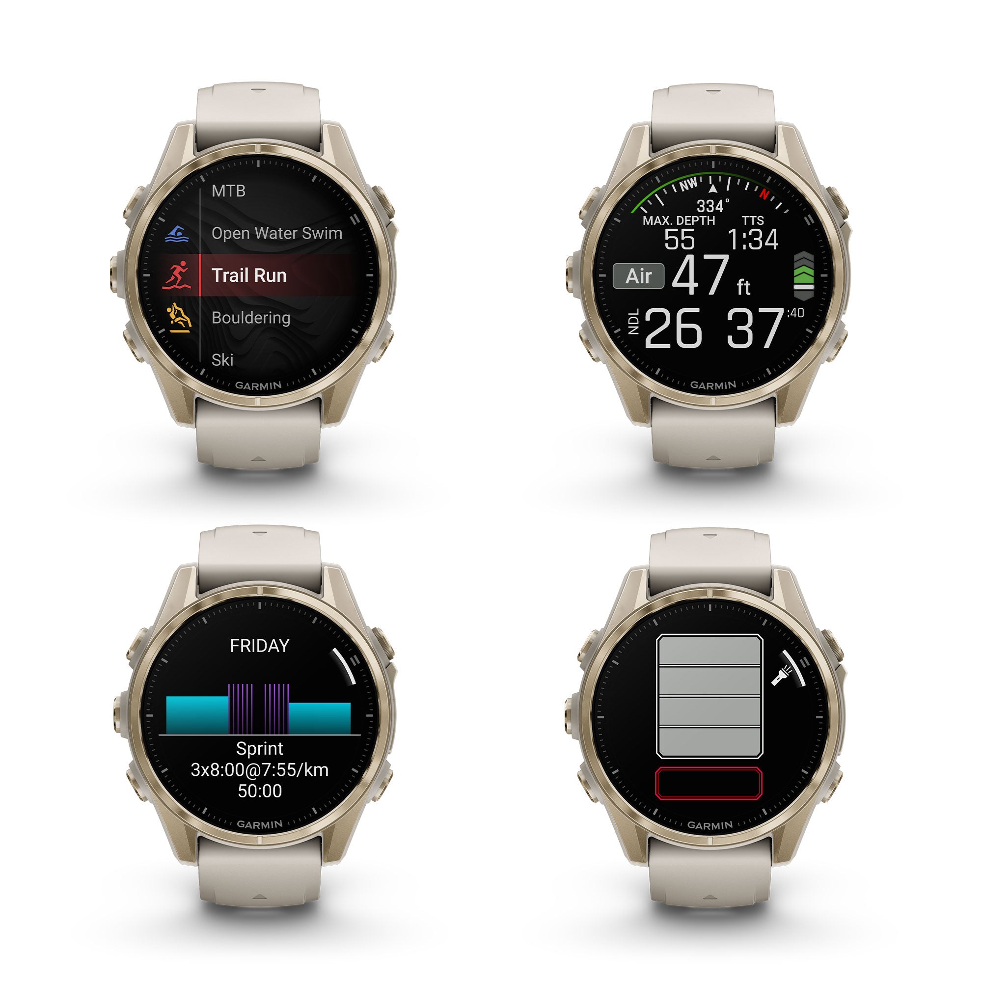 fenix 8 43mm AMOLED Sapphire Soft Gold W/ Fog Gray/Dark Sandstone Silicone Band