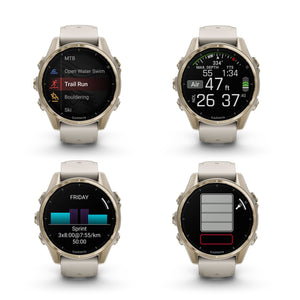 fenix 8 43mm AMOLED Sapphire Soft Gold W/ Fog Gray/Dark Sandstone Silicone Band Garmin