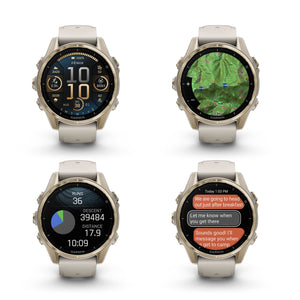 fenix 8 43mm AMOLED Sapphire Soft Gold W/ Fog Gray/Dark Sandstone Silicone Band