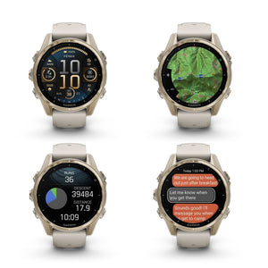 fenix 8 43mm AMOLED Sapphire Soft Gold W/ Fog Gray/Dark Sandstone Silicone Band