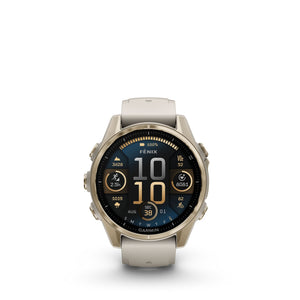 fenix 8 43mm AMOLED Sapphire Soft Gold W/ Fog Gray/Dark Sandstone Silicone Band