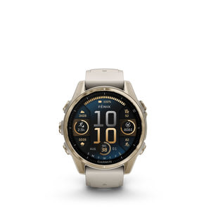 fenix 8 43mm AMOLED Sapphire Soft Gold W/ Fog Gray/Dark Sandstone Silicone Band Garmin