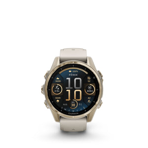 fenix 8 43mm AMOLED Sapphire Soft Gold W/ Fog Gray/Dark Sandstone Silicone Band