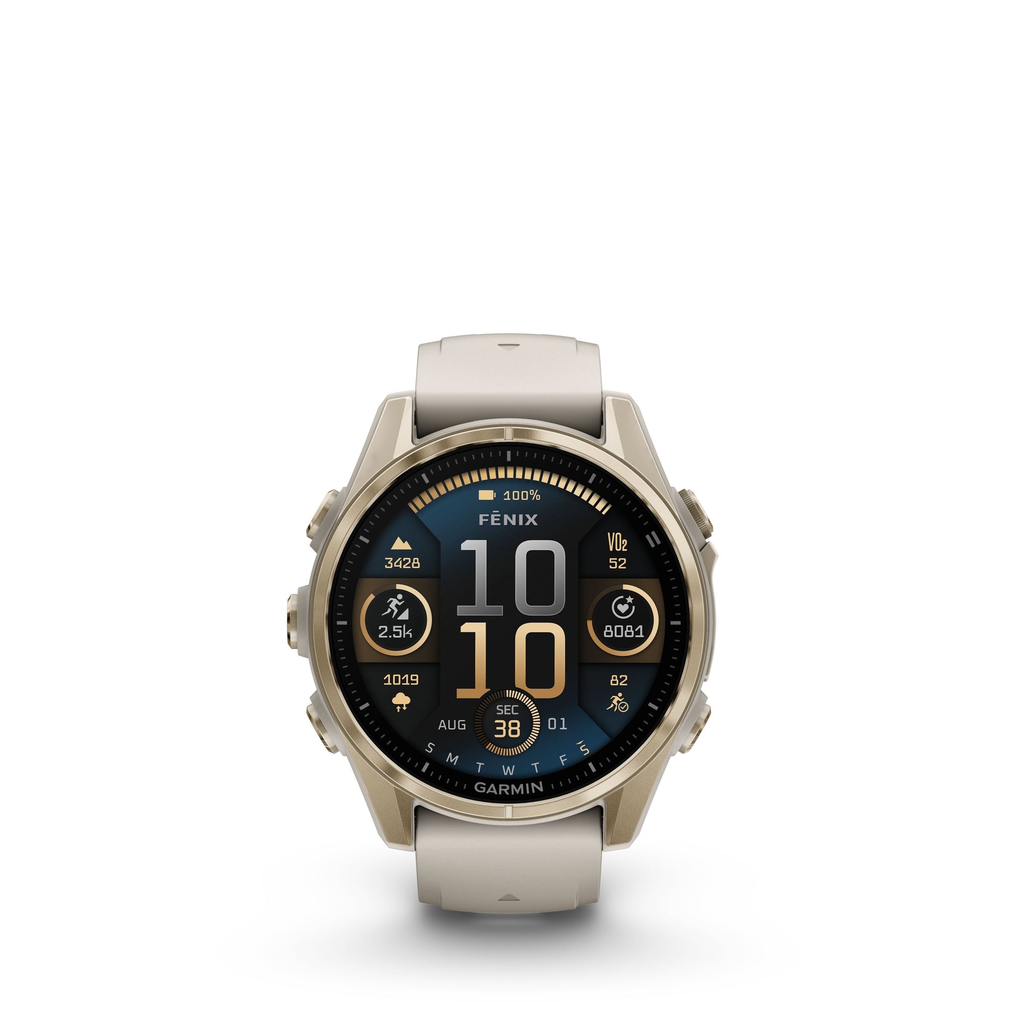 fenix 8 43mm AMOLED Sapphire Soft Gold W/ Fog Gray/Dark Sandstone Silicone Band