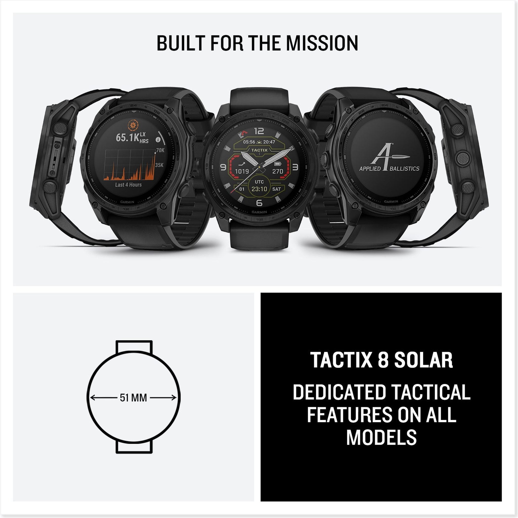 Garmin tactix 8 51mm, Solar Charged Display, Premium Tactical GPS Smartwatch, Includes Applied Ballistics Ultralight Solver