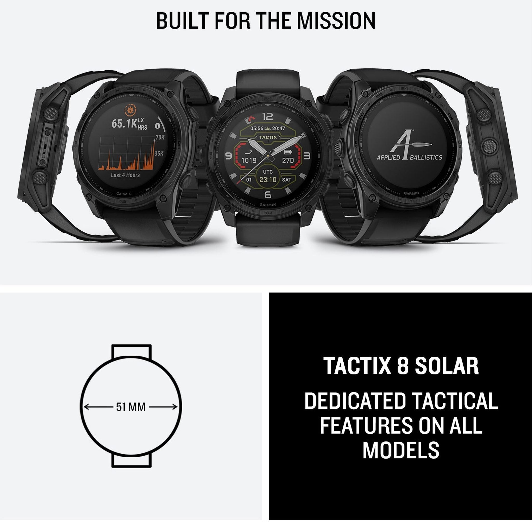 Garmin tactix 8 51mm, Solar Charged Display, Elite, Premium Tactical GPS Smartwatch, Includes Applied Ballistics Elite Solver, Titanium Bezel, Sapphire Lens, 40-Meter Dive Rating