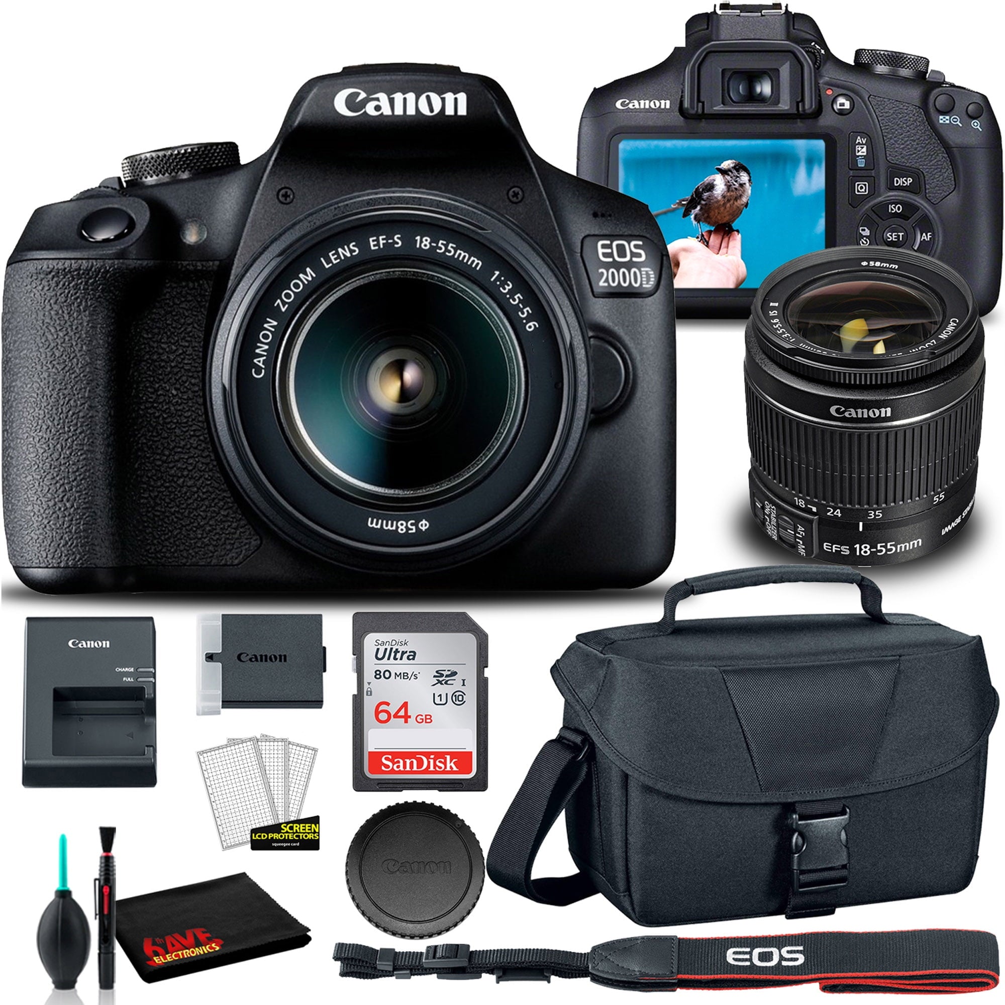 Canon EOS 2000D DSLR Camera with 18-55mm Lens + EOS Bag + Sandisk Ultra 64GB Card + Cleaning Set And More International Model