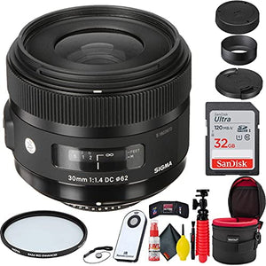 Sigma 30mm f/1.4 DC HSM Art Lens for Nikon F + 32GB SD Card Bundle