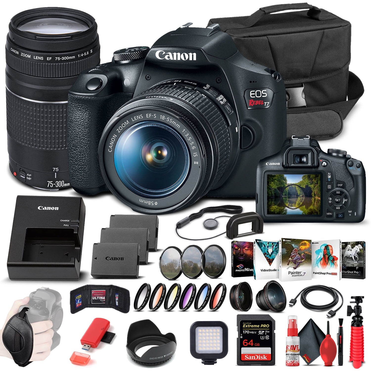 Canon EOS Rebel T7 DSLR Camera W/ 18-55mm and 75-300mm Lenses - Advanced Bundle