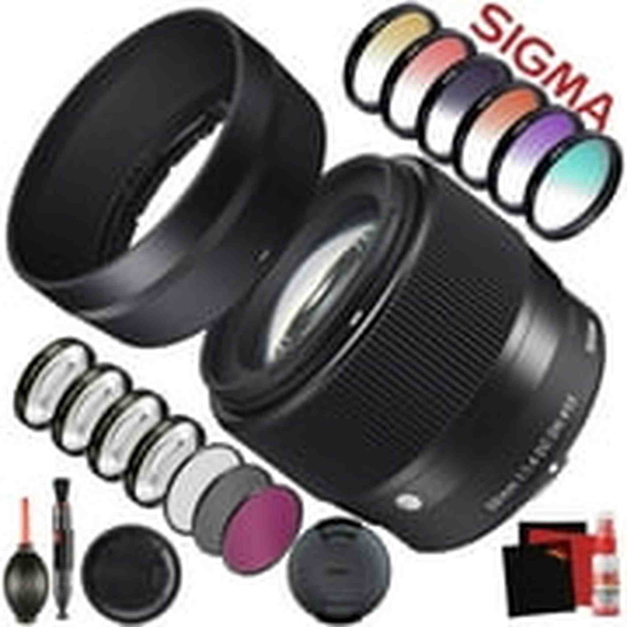 Sigma 56mm f/1.4 DC DN Contemporary Lens for Sony E 351965 With FLD Filter, CPL Filter, UV Filter - Color Graduated Filter Kit - Close Up Filter Kit and Cleaning Accessories Bundle Sigma