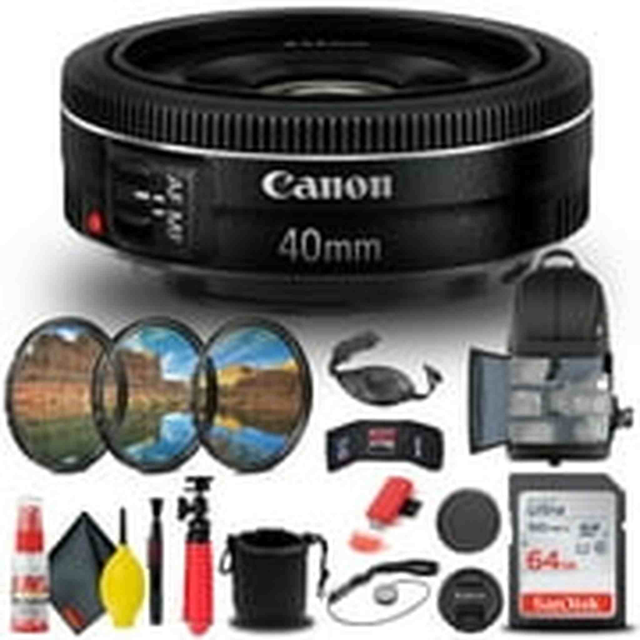 Canon EF 40mm f/2.8 STM Lens 6310B002 + Filter + BackPack + 64GB Card + More