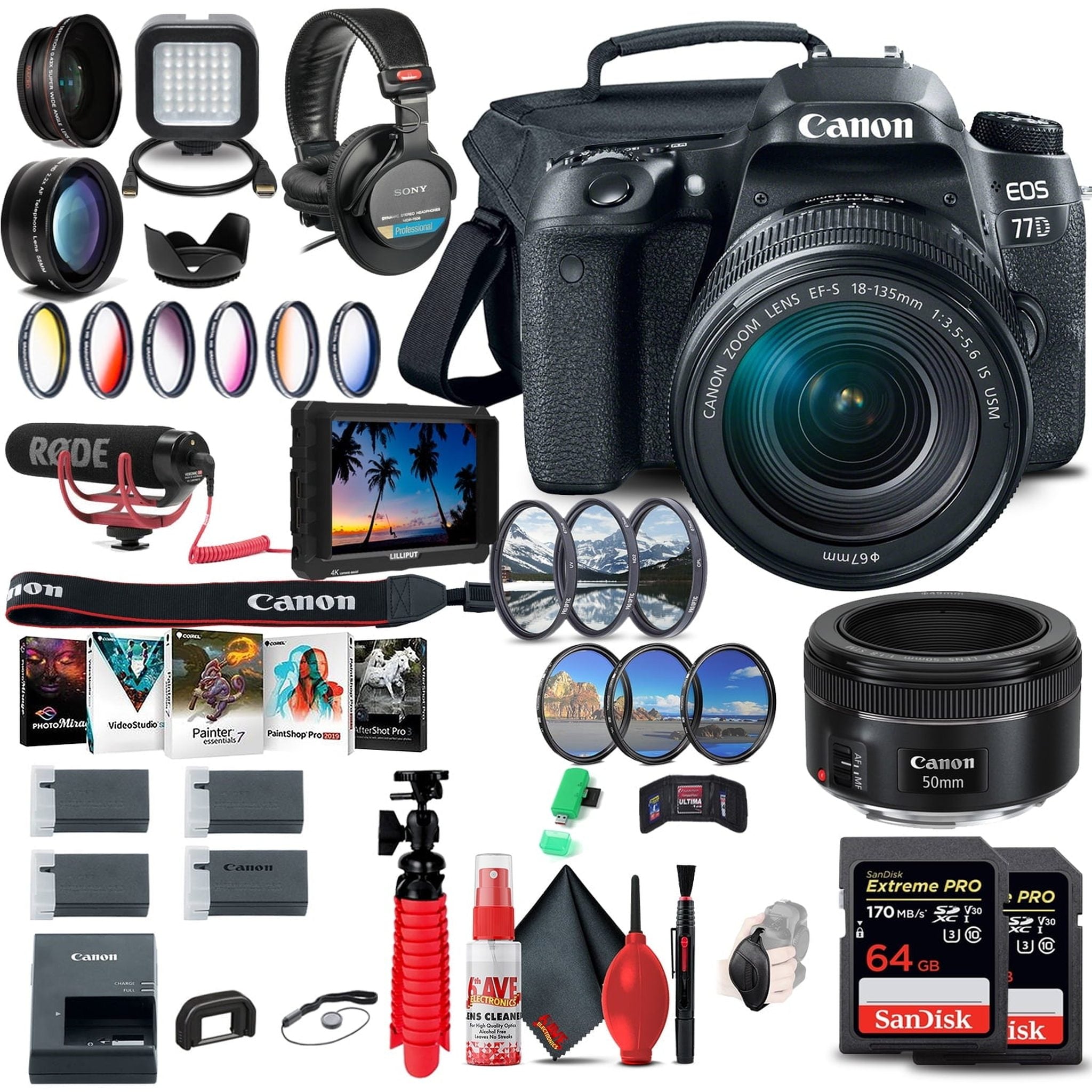 Canon EOS 77D DSLR Camera with 18-135mm USM Lens 1892C002 + 4K Monitor + More Canon