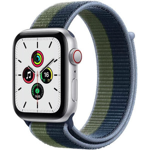 Apple Watch SE 1st Generation GPS + Cellular Smartwatch with 40mm Silver Aluminum Case and Abyss Blue/Moss Green Sport Loop Strap. Waterproof Apple