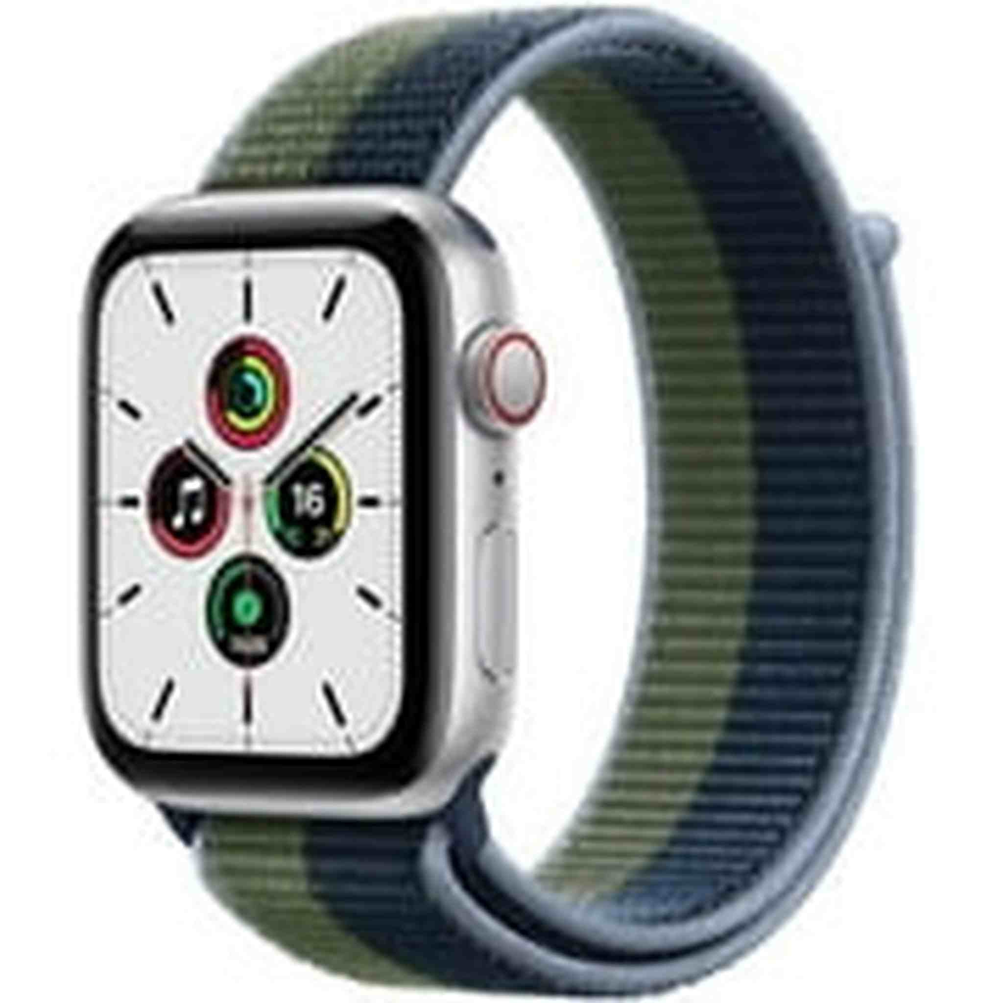 Apple Watch SE 1st Generation GPS + Cellular Smartwatch with 40mm Silver Aluminum Case and Abyss Blue/Moss Green Sport Loop Strap. Waterproof