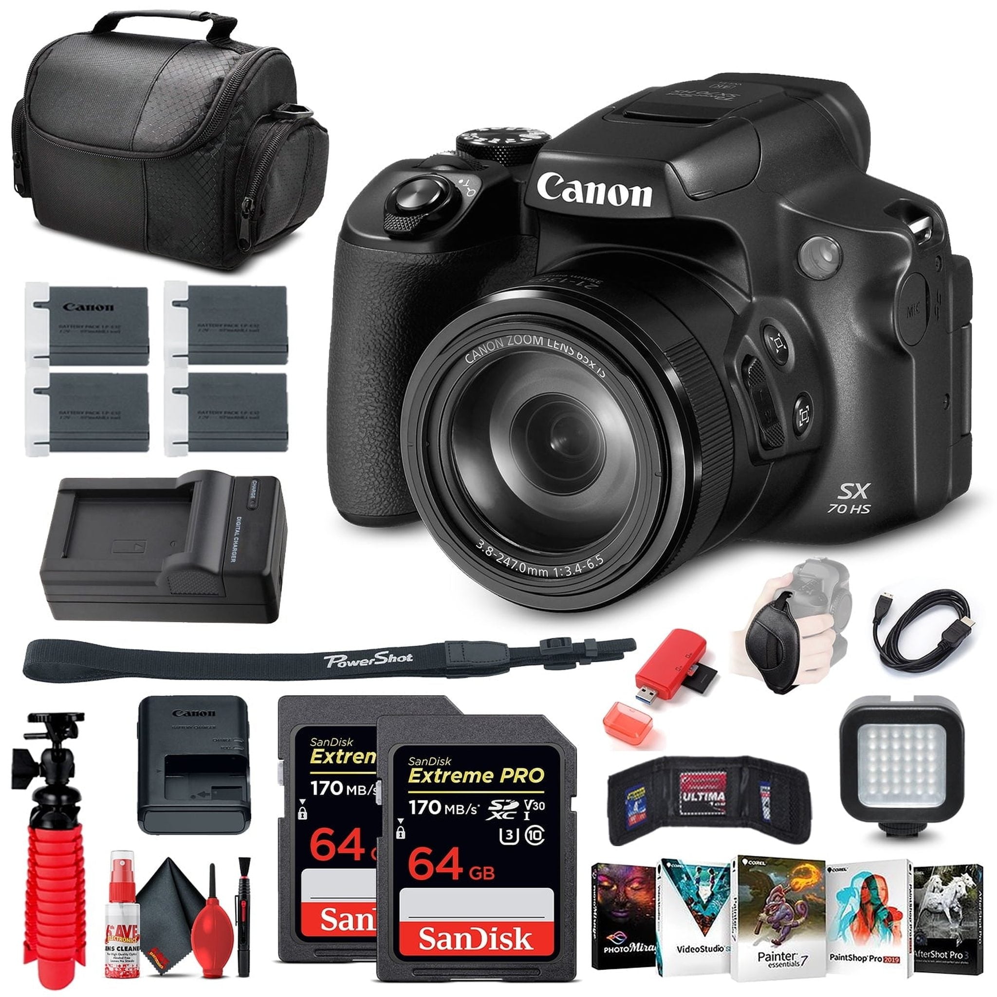 Canon PowerShot SX70 HS Digital Camera 3071C001 + 2 x 64GB Cards + More