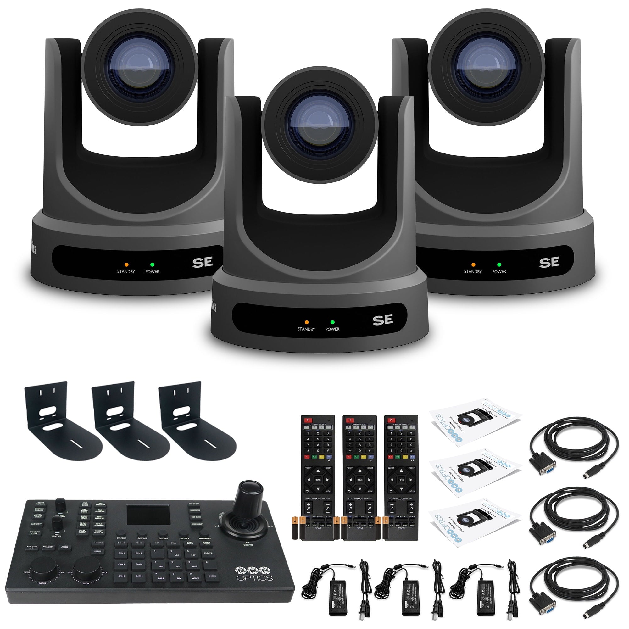 3 x PTZOptics Move SE PTZ Camera with 30x Optical Zoom PT30X-SE-GY-G3 + SuperJoy PTZ Controller + 3 x Wall Mount