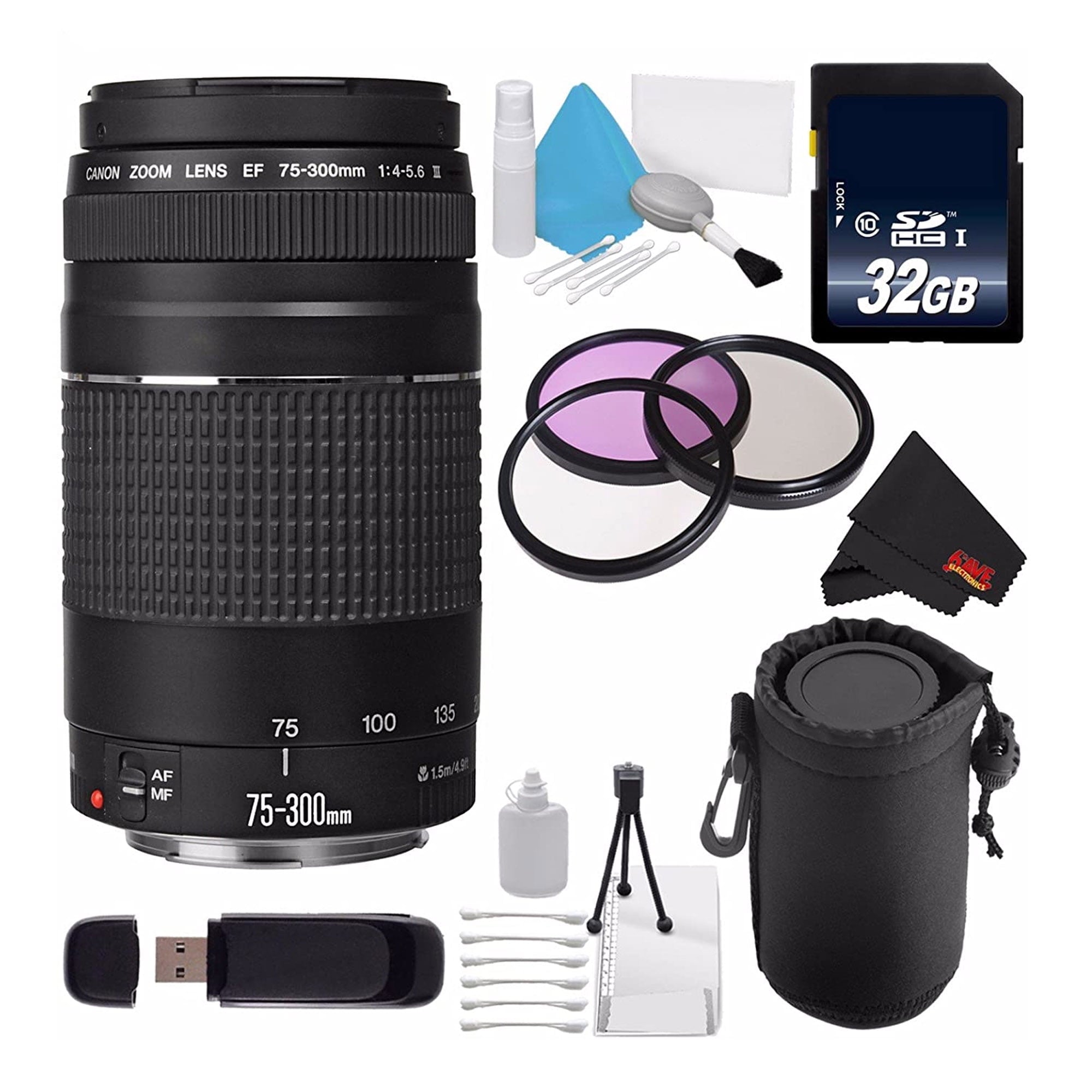 Canon EF 75-300mm f/4-5.6 III Telephoto Zoom Lens 6473A003 + 58mm 3 Piece Filter Kit + SD Card + 32GB SDHC Memory Card Bundle