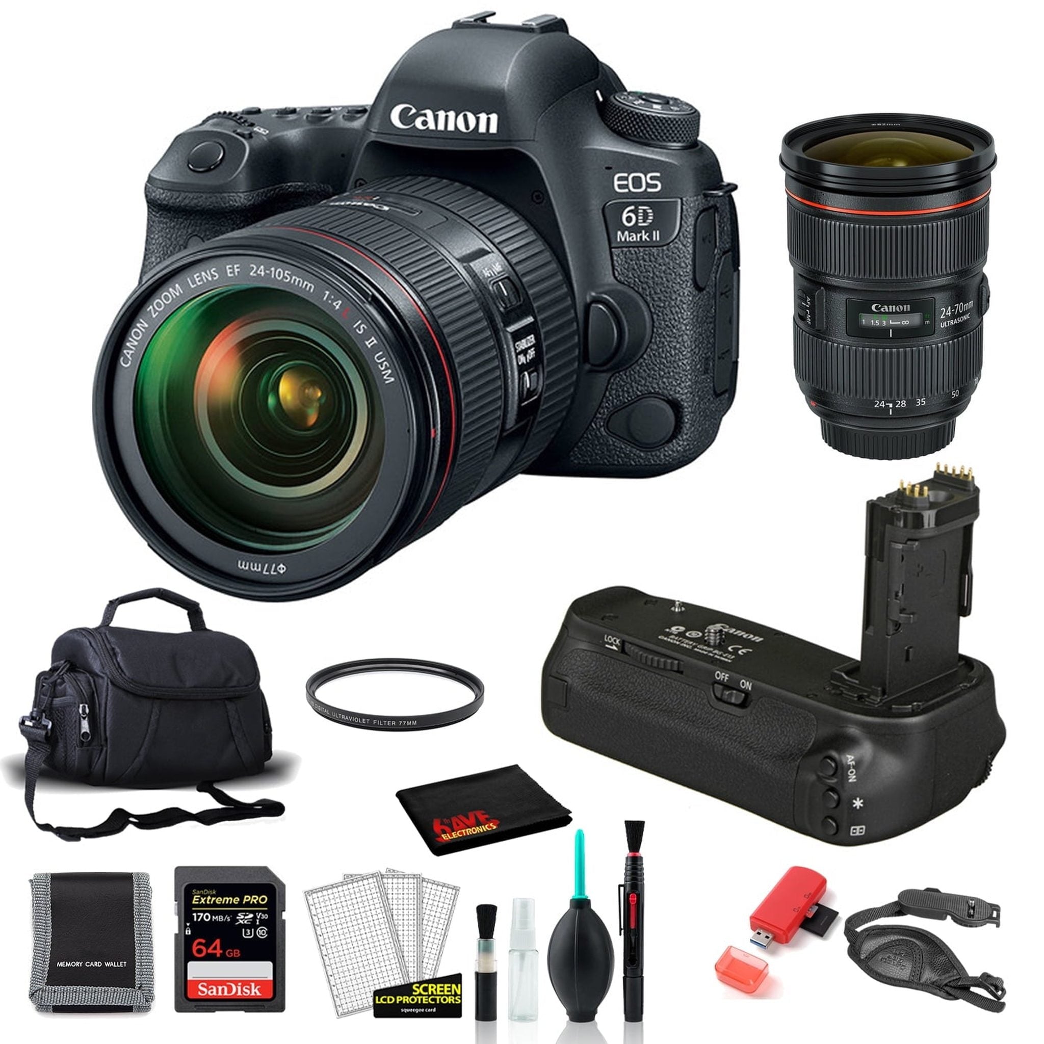 Canon 6D Mark II Camera with 24-105mm Lens Kit with EF 24-70mm Lens + More Canon