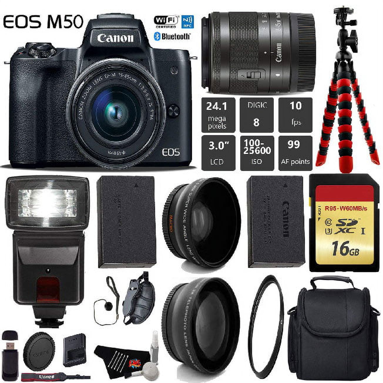 Canon EOS M50 Mirrorless Digital Camera with 15-45mm Lens + Flash + UV FLD CPL Filter Kit + Wide Angle & Telephoto Lens