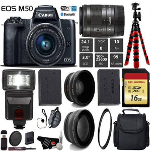 Canon EOS M50 Mirrorless Digital Camera with 15-45mm Lens + Flash + UV FLD CPL Filter Kit + Wide Angle & Telephoto Lens Canon