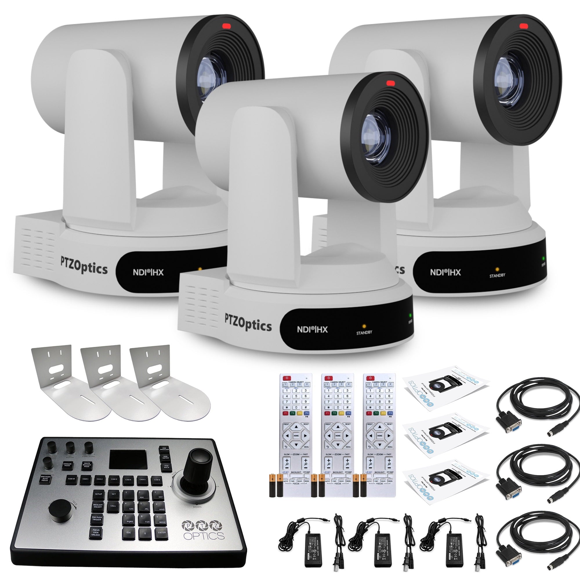 3 x PTZOptics Move 4K PTZ Camera with 30x Zoom White PT30X-4K-WH-G3 + PT-JOY-G4 Controller + 3 x Wall Mount