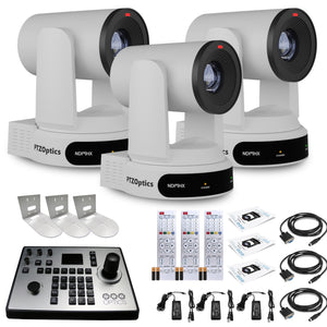 3 x PTZOptics Move 4K PTZ Camera with 30x Zoom White PT30X-4K-WH-G3 + PT-JOY-G4 Controller + 3 x Wall Mount