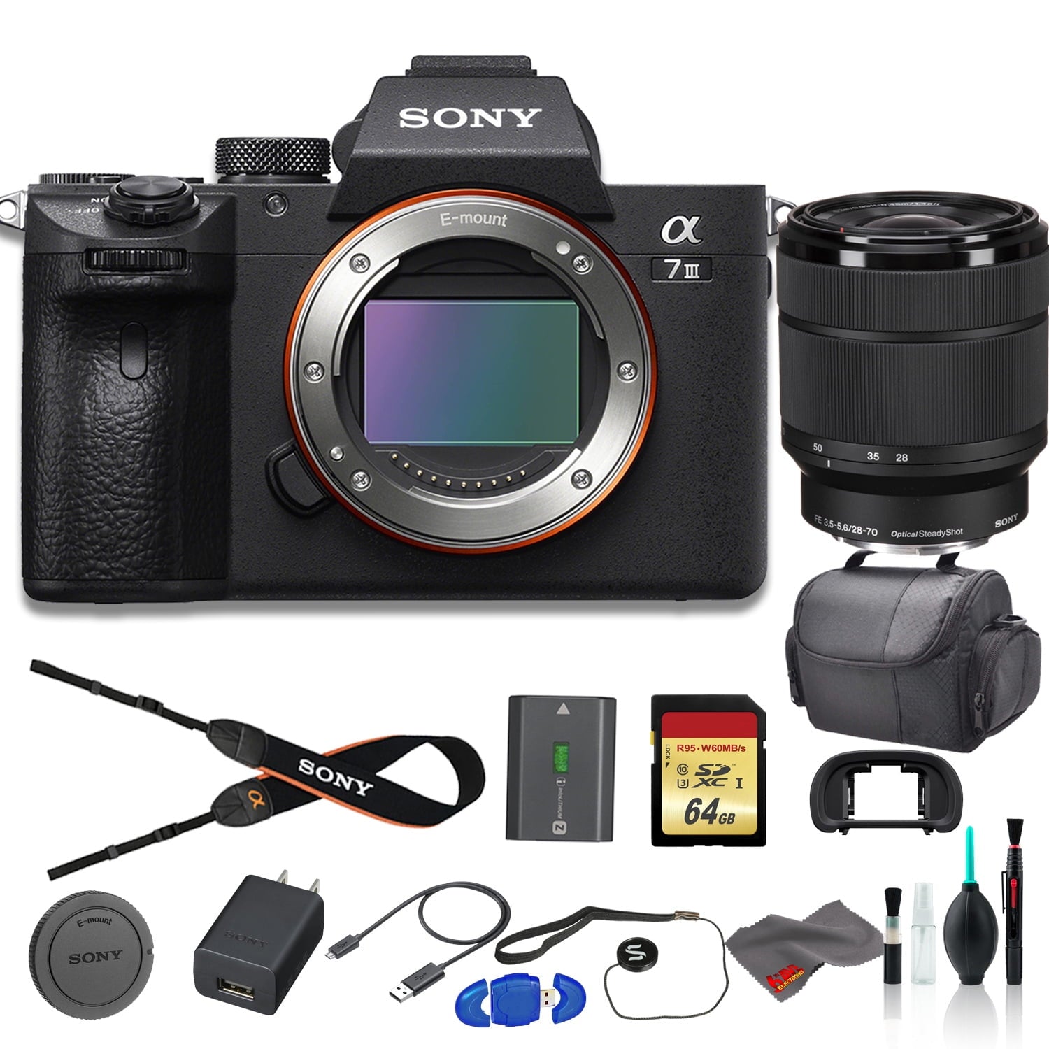 Sony Alpha a7 III Mirrorless Digital Camera Bundle - With Sony FE 28-70mm Lens, Bag, 64GB Memory Card, Memory Card Reader