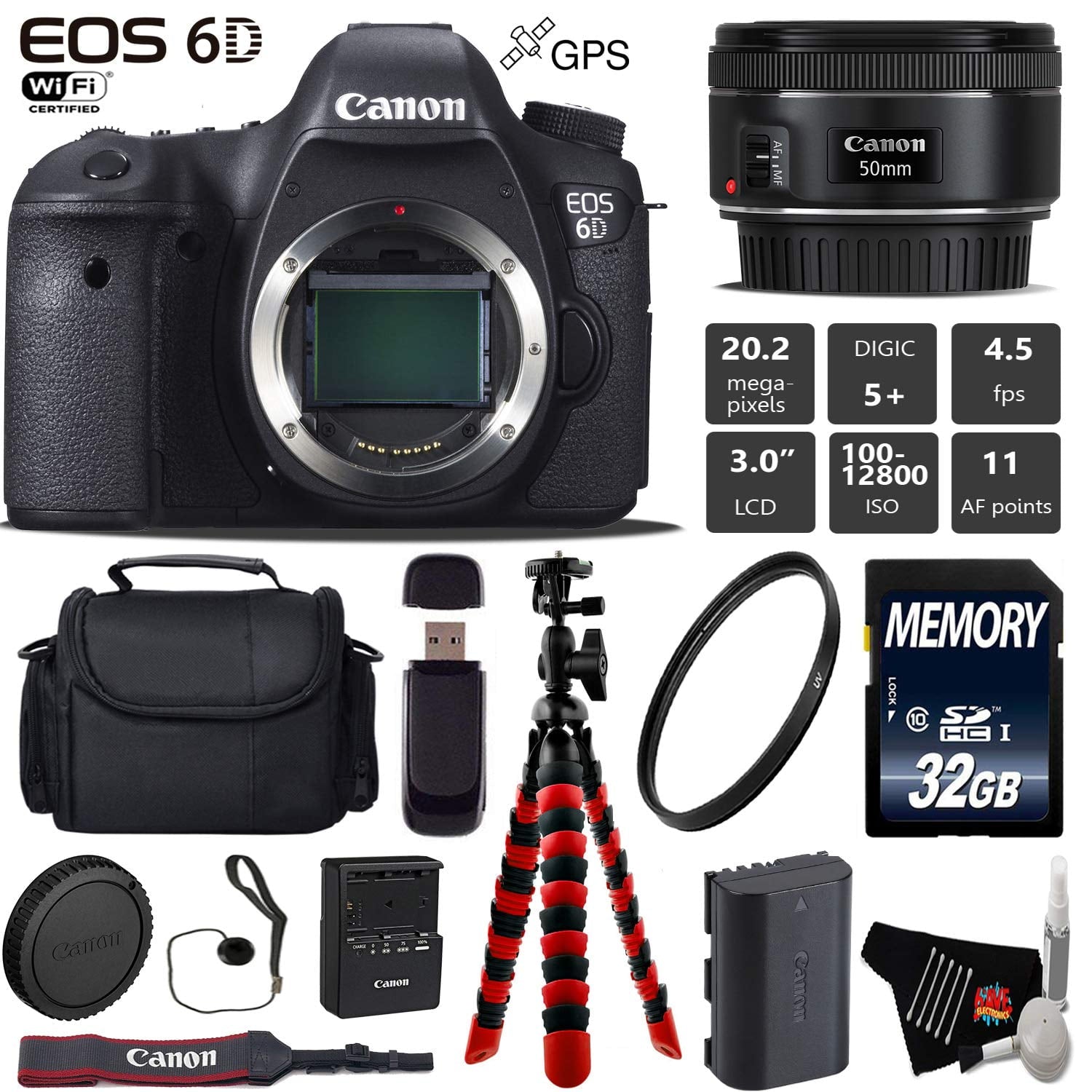 Canon EOS 6D DSLR Camera with 50mm f/1.8 STM Lens + Wireless Remote + UV Protection Filter + Case + Wrist Strap + Tripod