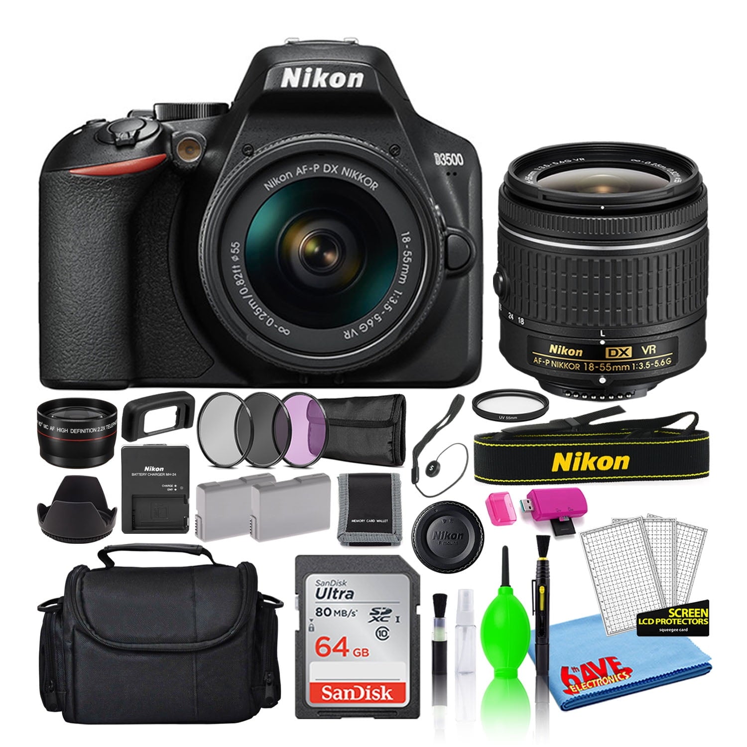 Nikon D3500 Digital Camera with 18-55mm Lens (1590) + 64GB SD Card + Bag (Intl)