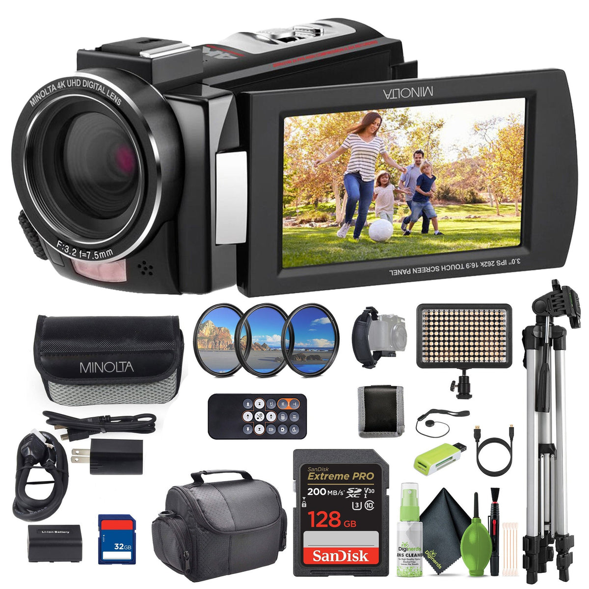 Minolta MN4K25NV 4K Ultra HD 30 MP Night Vision Camcorder Black Bundle kit