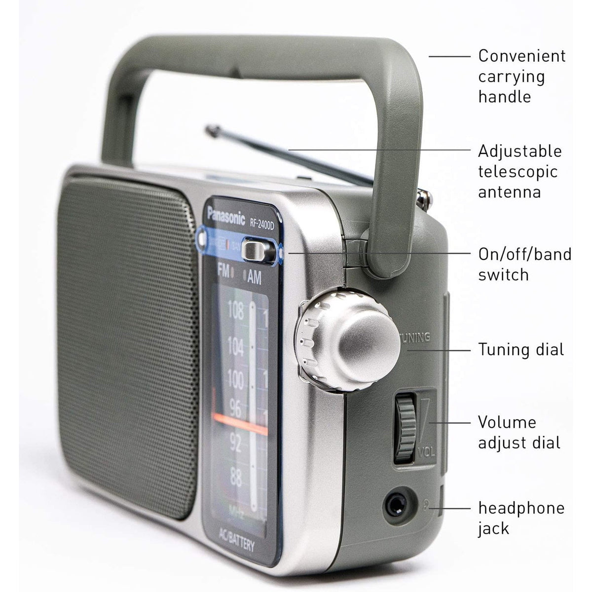 Panasonic Portable AM / FM Radio, Battery Operated Analog Radio, AC Powered, Silver RF-2400D