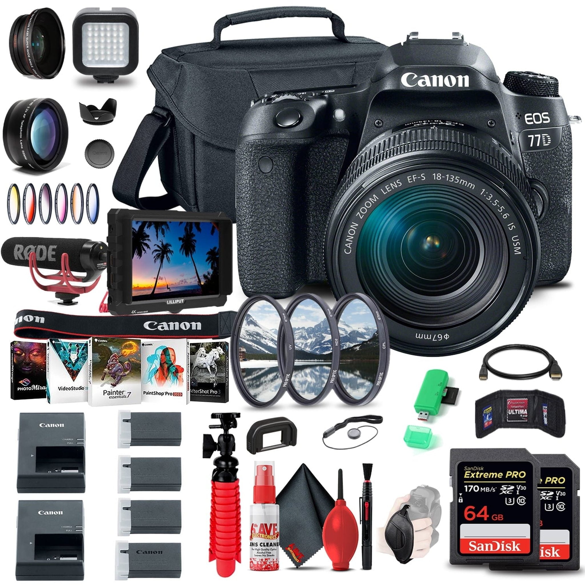 Canon EOS 77D DSLR Camera with 18-135mm USM Lens 1892C002 + 4K Monitor + More Canon