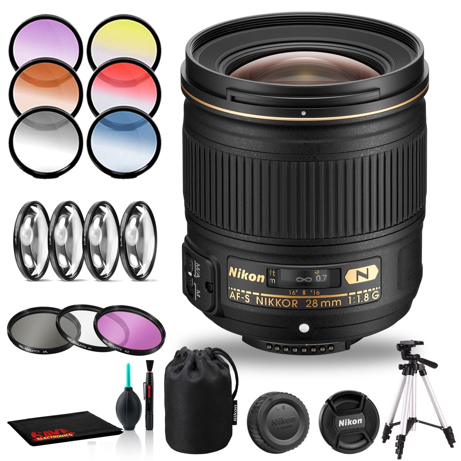 Nikon AF-S NIKKOR 28mm f/1.8G Lens Includes Filter Kits and Tripod Intl Model Bundle