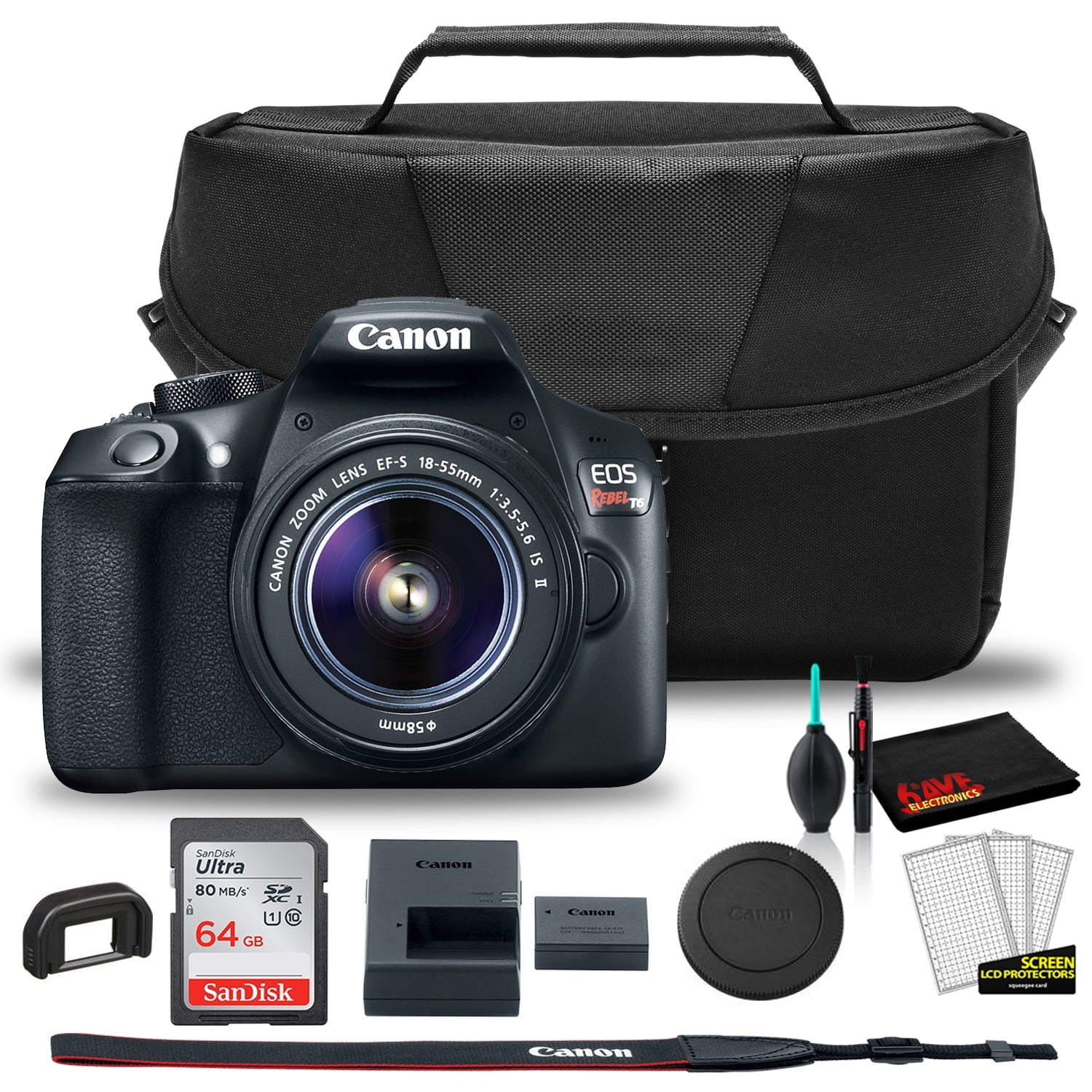 Canon EOS Rebel T6 DSLR Camera with 18-55mm Lens 1159C003 + EOS Bag + Sandisk Ultra 64GB Card + Clean and Care Kit