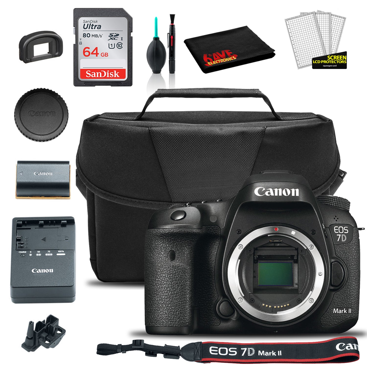 Canon EOS 7D Mark II DSLR Camera (Body Only) (9128B002) +  EOS Bag +  Sandisk Ultra 64GB Card + Clean and Care Set (International Model)