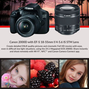 Canon EOS 2000D Rebel t7 DSLR Camera and EF-S 18-55 mm f/3.5-5.6 IS II Lens + 75-300mm Telephoto Zoom Lens + 64GB Memory Card