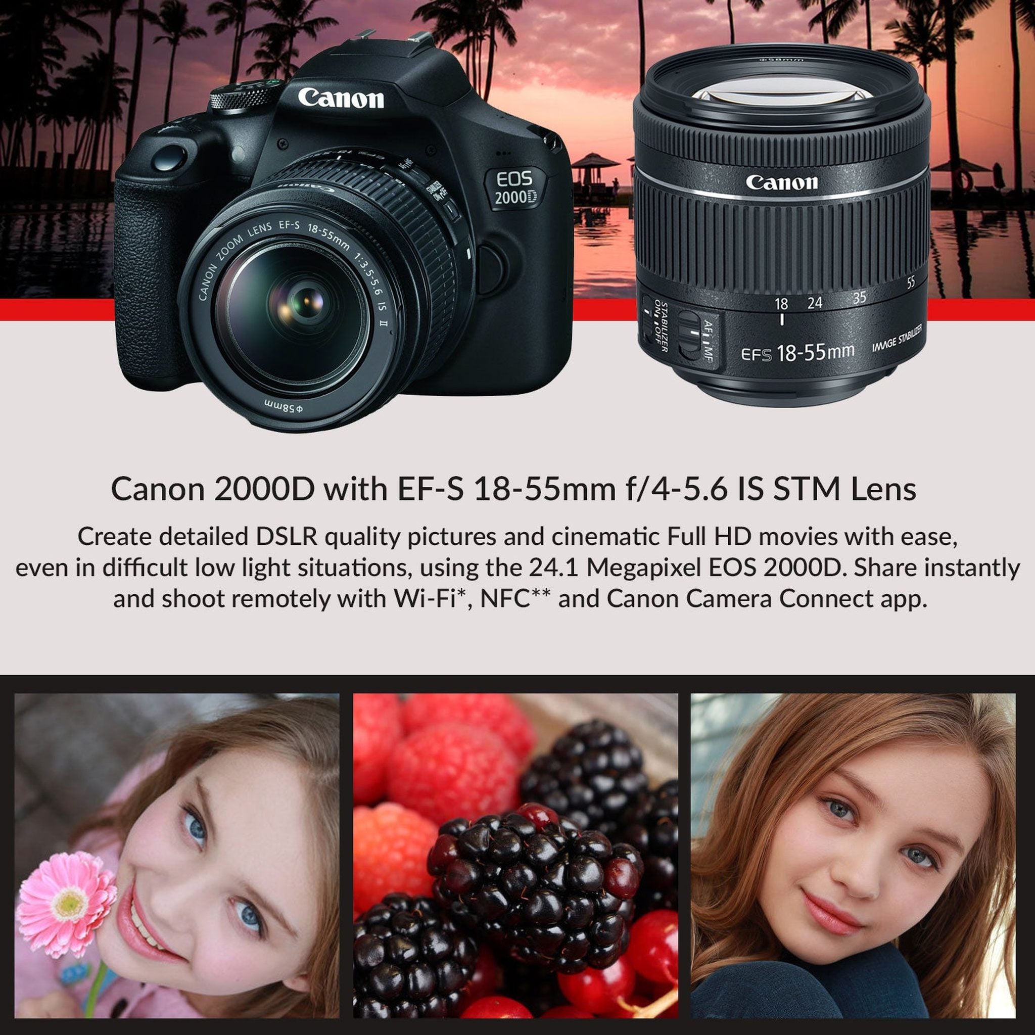 Canon EOS 2000D Rebel t7 DSLR Camera and EF-S 18-55 mm f/3.5-5.6 IS II Lens + 75-300mm Telephoto Zoom Lens + 64GB Memory Card