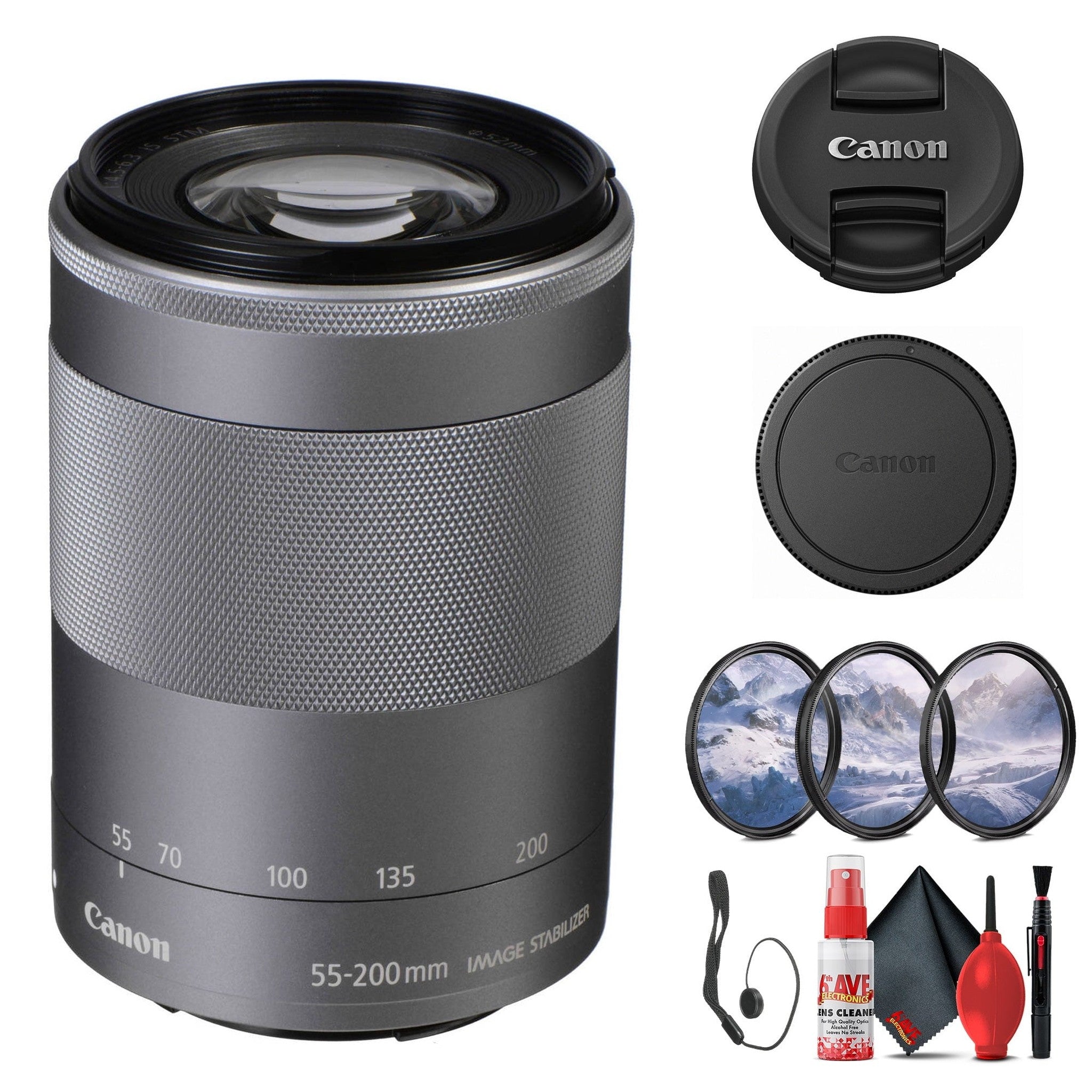 Canon EF-M 55-200mm f/4.5-6.3 IS STM Lens Silver 1122C002 + Filter Kit - Bundle Canon