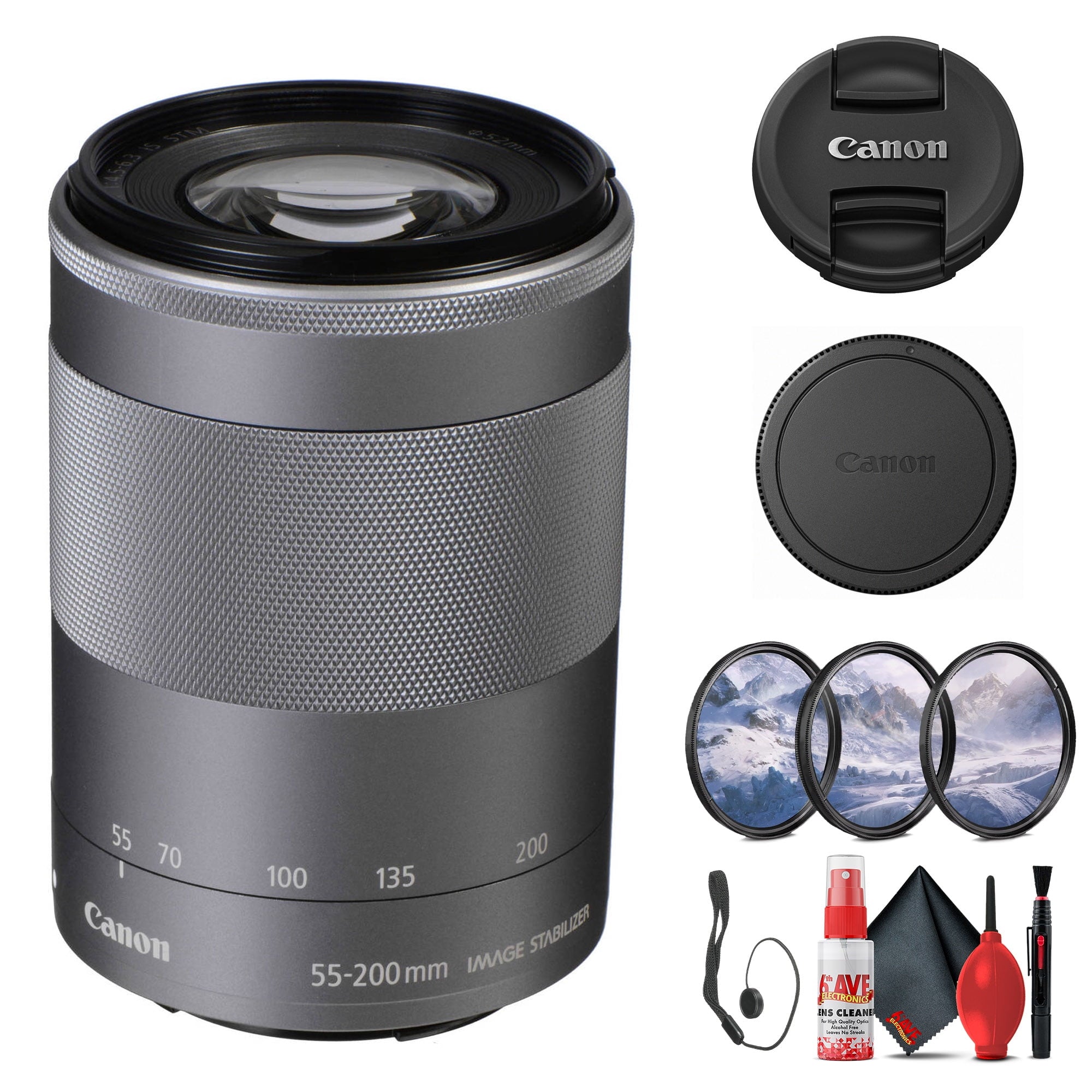 Canon EF-M 55-200mm f/4.5-6.3 IS STM Lens Silver 1122C002 + Filter Kit - Bundle
