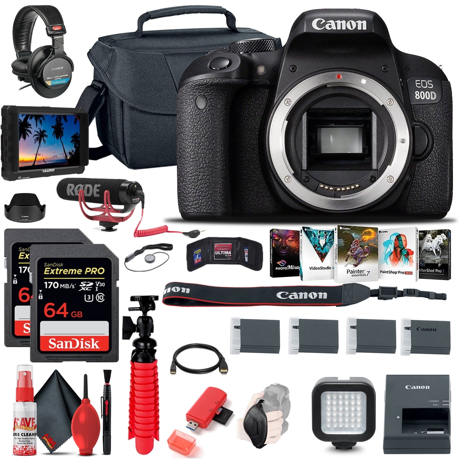 Canon EOS Rebel 800D / T7i DSLR Camera Body Only + 4K Monitor + Mic + More