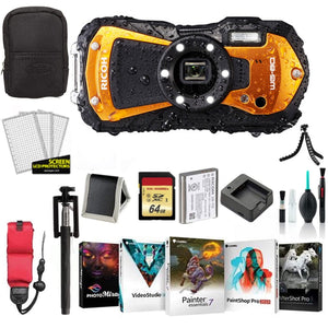 Ricoh WG-80 Waterproof Digital Camera Orange with Tripod International Model Ricoh