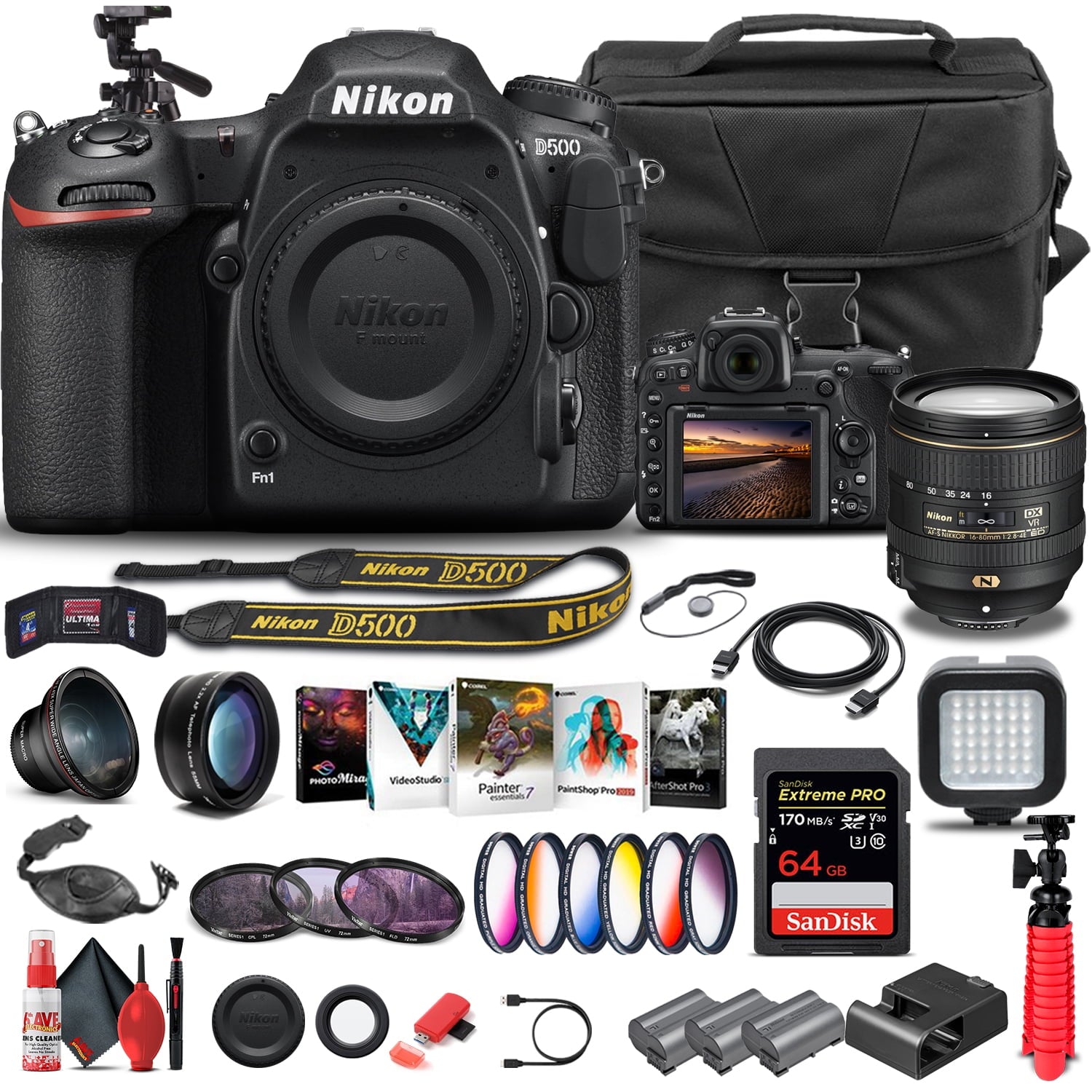 Nikon D500 DSLR Camera Body Only 1559 W/ Nikon 16-80mm Lens - Advanced Bundle