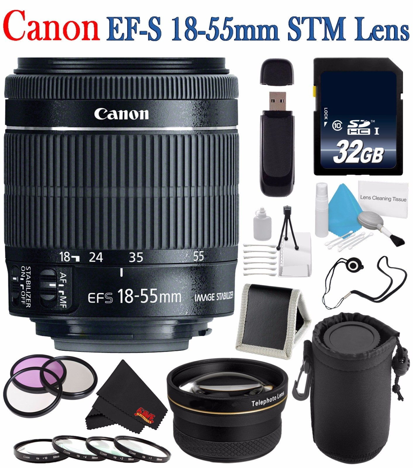 Canon EF-S 18-55mm f/3.5-5.6 IS STM Lens 8114B002 + 58mm 3 Piece Filter Kit + Deluxe Lens Pouch + 58mm 2x Telephoto Lens Bundle