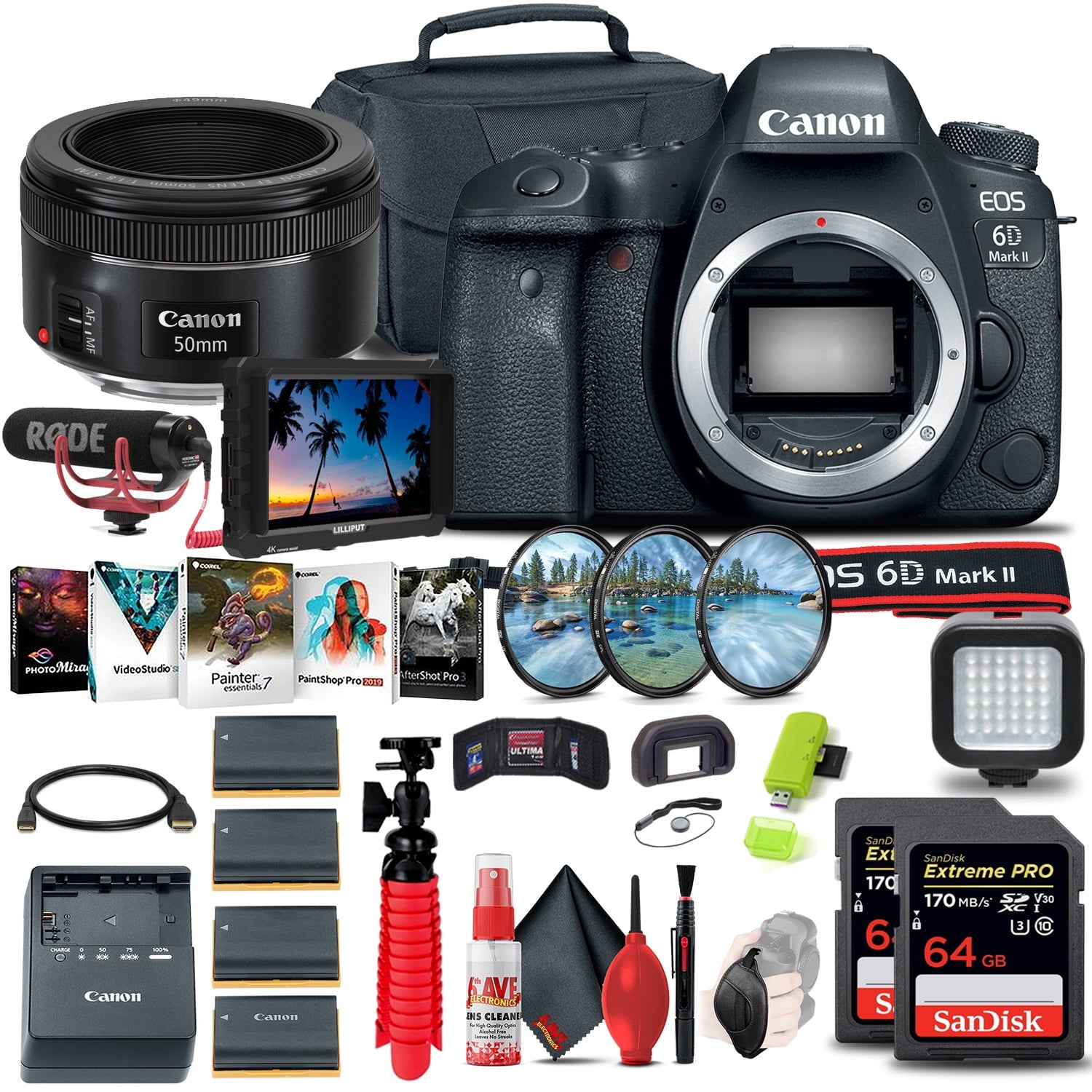 Canon EOS 6D Mark II DSLR Camera (1897C002) + 4K Monitor + Canon EF + More