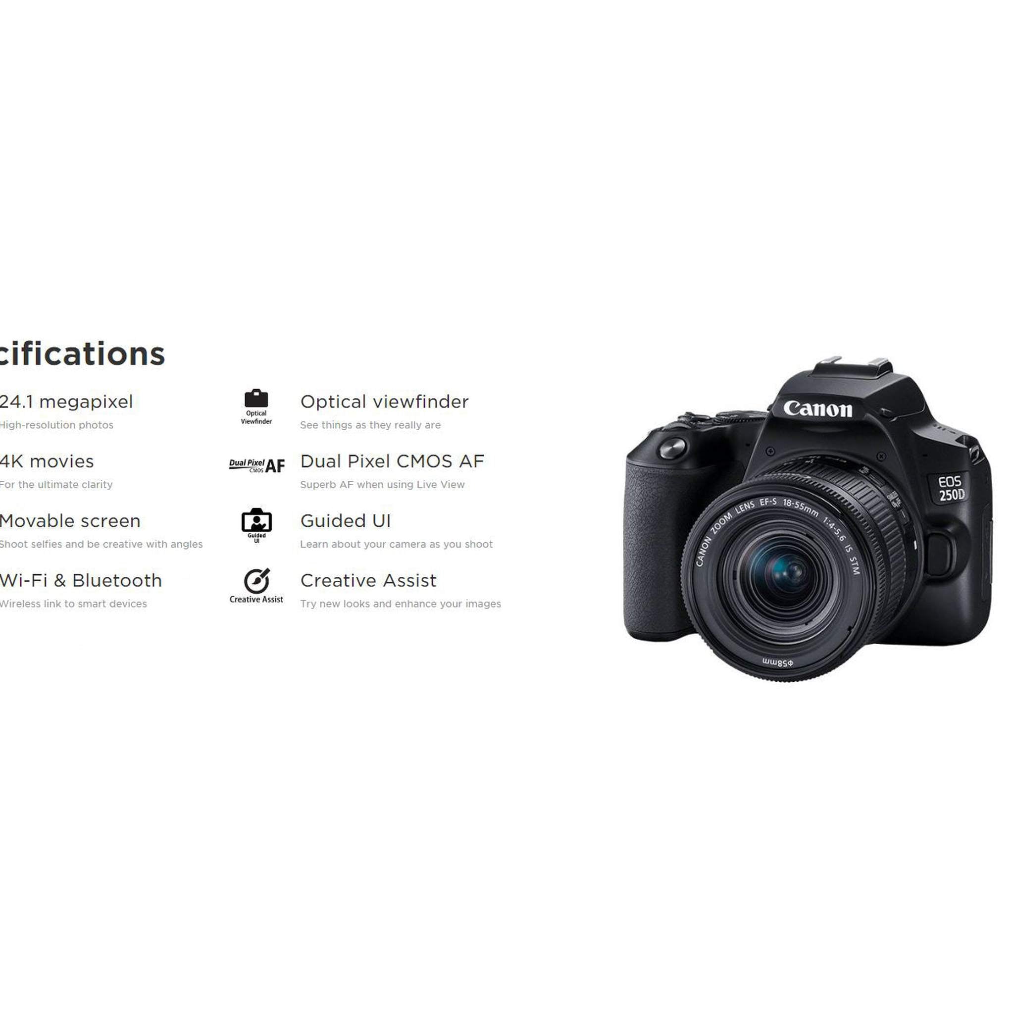 Canon EOS 250D / Rebel SL3 DSLR Camera with 18-55mm Lens Black + Creative Filter Set, EOS Camera Bag + Sandisk Ultra 64GB Card + 6AVE Electronics