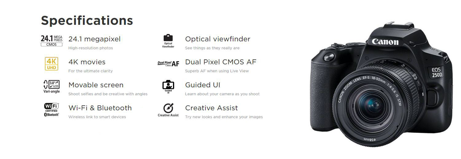 Canon EOS 250D / Rebel SL3 DSLR Camera with 18-55mm Lens (Black) + Creative Filter Set, EOS Camera Bag + Sandisk Ultra 64GB Card