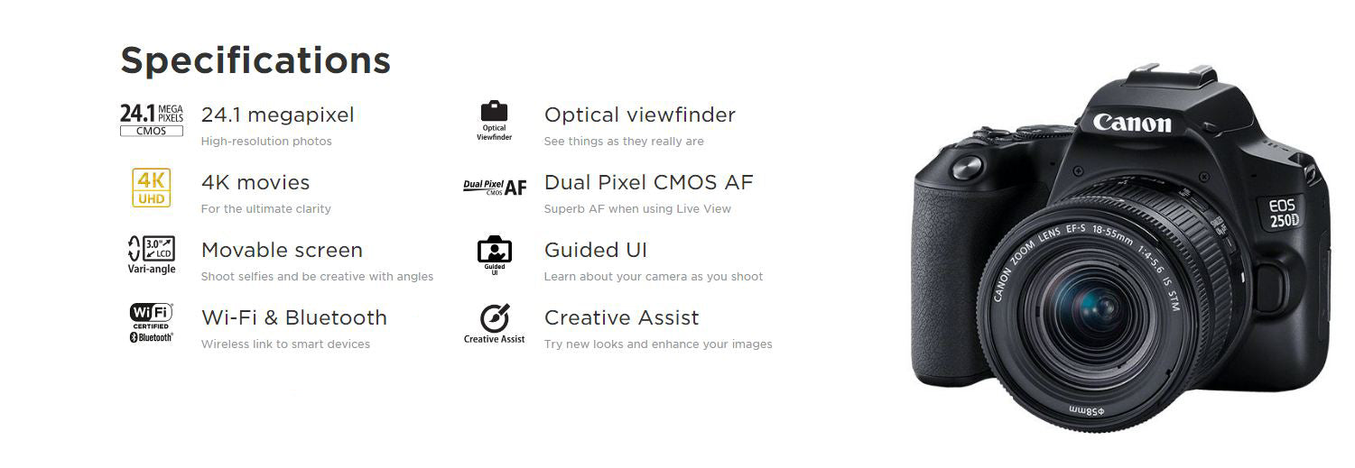 Canon EOS 250D / Rebel SL3 DSLR Camera with 18-55mm Lens Black + Creative Filter Set, EOS Camera Bag + 6AVE Electronics