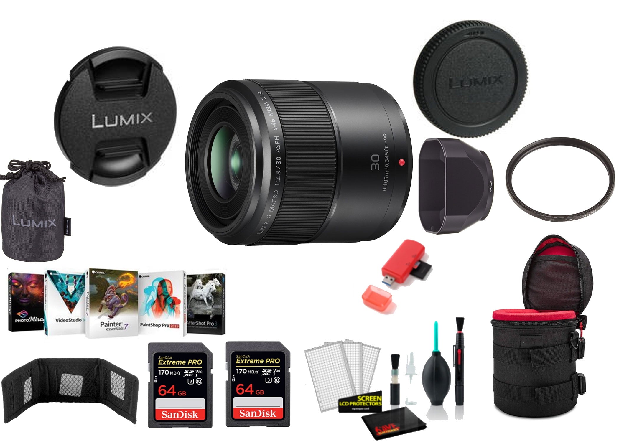 Panasonic Lumix G Macro 30mm f/2.8 ASPH. MEGA O.I.S. Lens with 2x 64 Memory Cards and More International Model